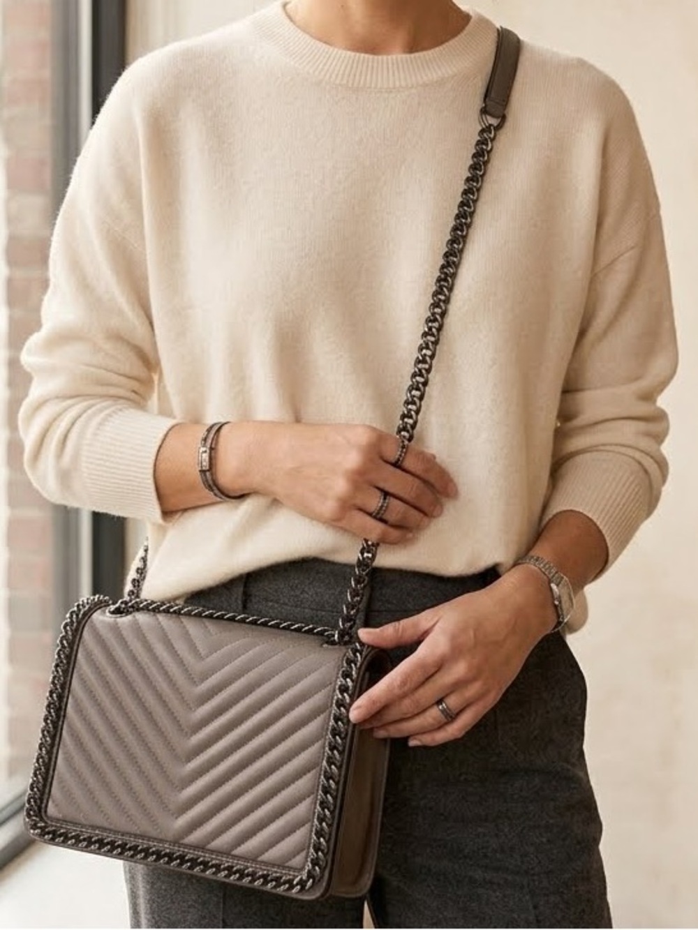 ALDO Greenwald Quilted Chevron Crossbody Bag Taupe Gray Chain